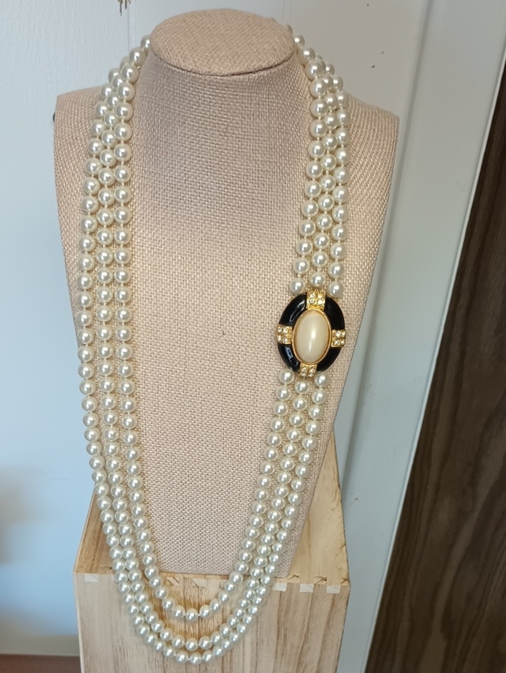 Vintage 3 Strand Glass Faux Pear Necklace With Black And Gold Tone Accent Piece
